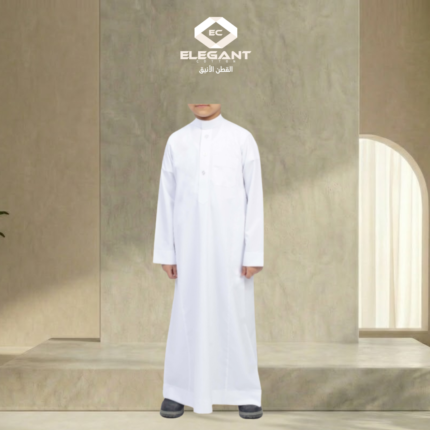 ثوب سعودي سادة مع سحاب ولادي - أبيض - القطن الأنيق